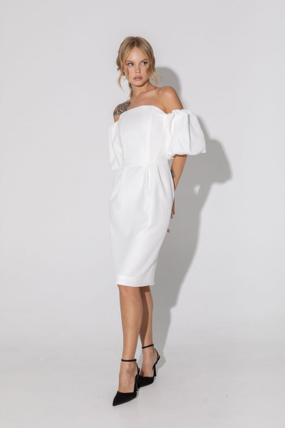 Платье на подкладке корсетное миди с пышными рукавами нарядное PiRS 4984 белый - фото 5