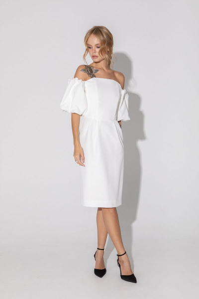 Платье на подкладке корсетное миди с пышными рукавами нарядное PiRS 4984 белый - фото 3