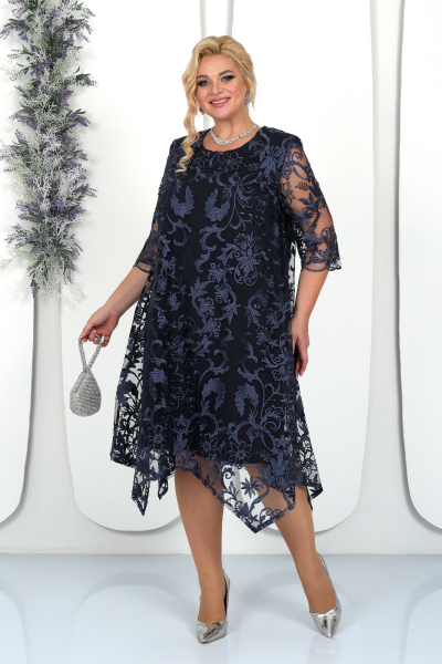 Нарядное расклешенное платье из гипюра и сатина Ninele 7431 синий - фото 3