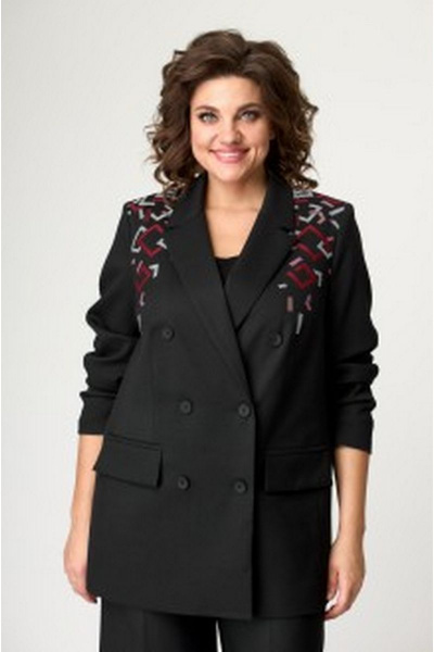 Деловой двубортный жакет из текстиля на подкладке БелЭльСтиль 848-1 23 22 черный-узор - фото 1