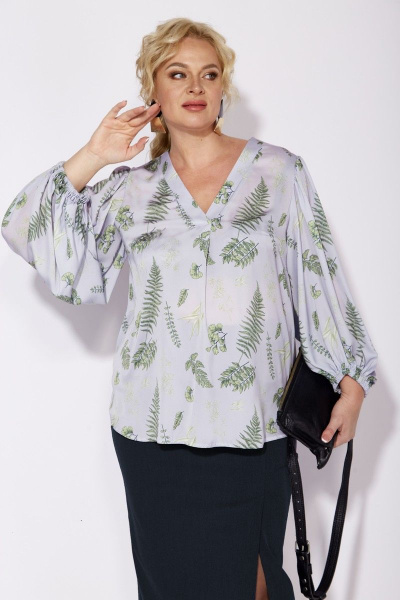 Комплект блузка и юбка из шифона с вырезом и шлицей Anastasia 1049 принт_листья/черный - фото 3