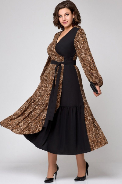 Платье на запах из плательной ткани с воланами и ремнем EVA GRANT 7200 черный_с_принтом - фото 2