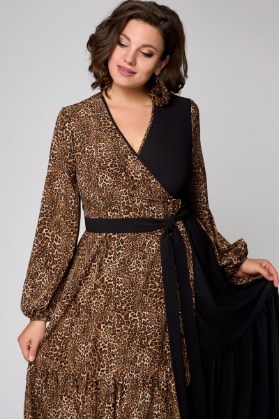 Платье на запах из плательной ткани с воланами и ремнем EVA GRANT 7200 черный_с_принтом - фото 3