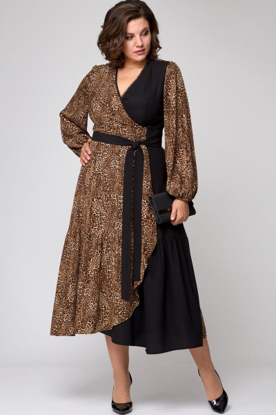 Платье на запах из плательной ткани с воланами и ремнем EVA GRANT 7200 черный_с_принтом - фото 1