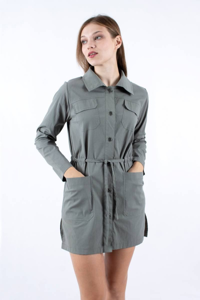 Туника из хлопка с кулиской и накладными карманами Mita ЖМ1154 хаки - фото 1