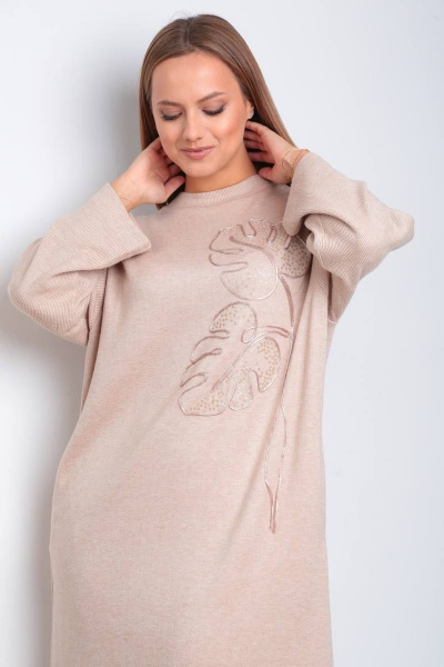 Платье из трикотажа с вышивкой и карманами TVIN 7668 беж - фото 6