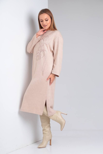 Платье из трикотажа с вышивкой и карманами TVIN 7668 беж - фото 3