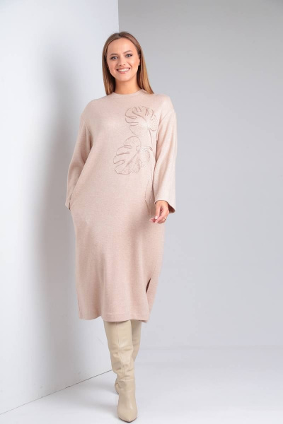Платье из трикотажа с вышивкой и карманами TVIN 7668 беж - фото 1