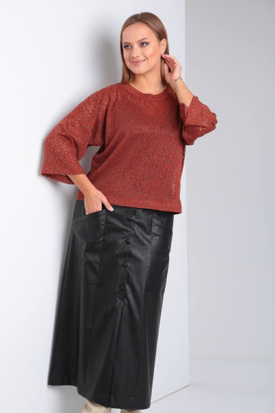 Джемпер и юбка из трикотажа с экокожей и поясом TVIN 7663 терракот - фото 6