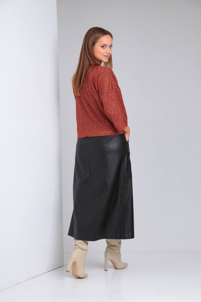 Джемпер и юбка из трикотажа с экокожей и поясом TVIN 7663 терракот - фото 5