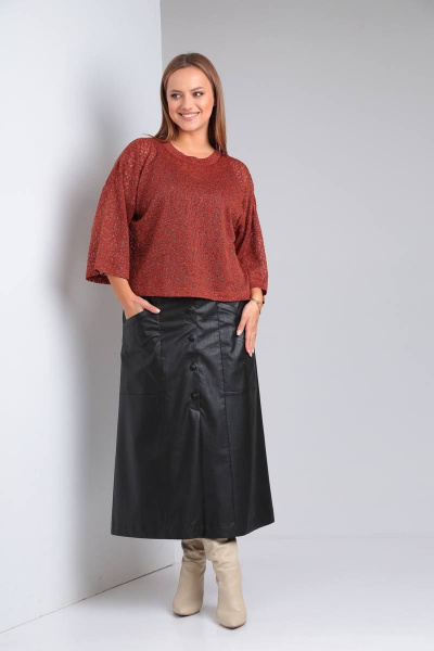 Джемпер и юбка из трикотажа с экокожей и поясом TVIN 7663 терракот - фото 2
