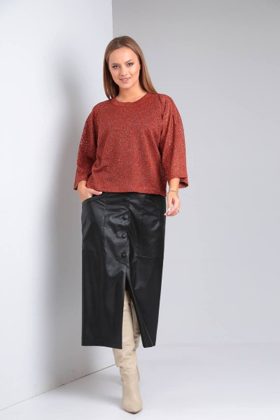 Джемпер и юбка из трикотажа с экокожей и поясом TVIN 7663 терракот - фото 1