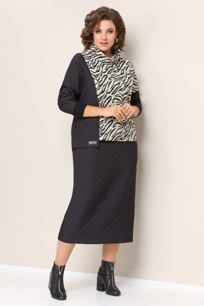 Джемпер и юбка из стеганой ткани с асимметрией VOLNA 1322 молочно-бежевый,черный - фото 2