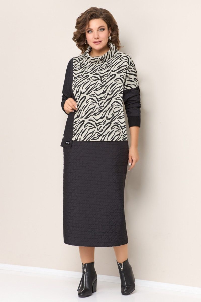 Джемпер и юбка из стеганой ткани с асимметрией VOLNA 1322 молочно-бежевый,черный - фото 1