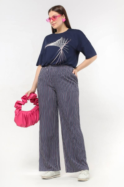 Вискозные брюки с высокой посадкой и карманами La rouge 8039 синий-(полоска) - фото 1