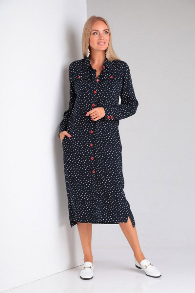 Платье прямого силуэта с карманами и пуговицами на каждый день Gamma Gracia 430 синий белый горох - фото 5