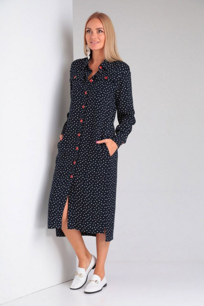Платье прямого силуэта с карманами и пуговицами на каждый день Gamma Gracia 430 синий белый горох - фото 4