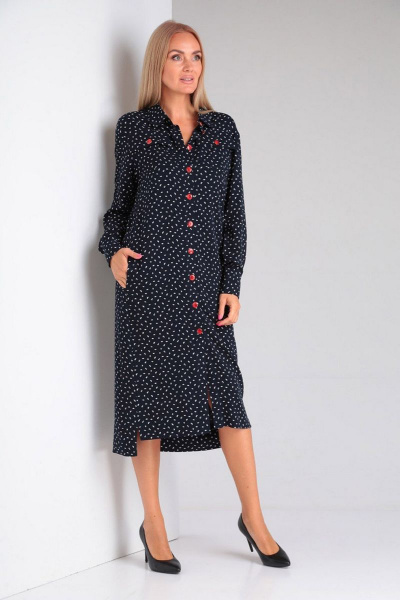 Платье прямого силуэта с карманами и пуговицами на каждый день Gamma Gracia 430 синий белый горох - фото 3