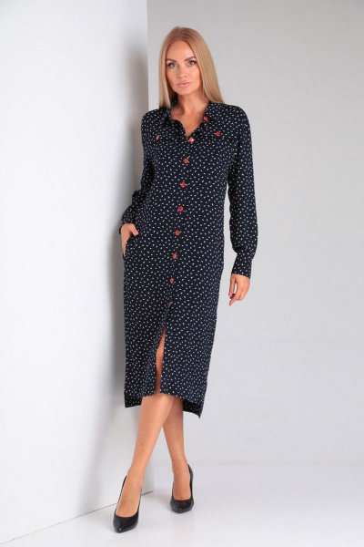 Платье прямого силуэта с карманами и пуговицами на каждый день Gamma Gracia 430 синий белый горох - фото 2