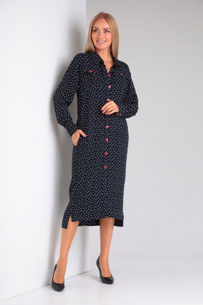 Платье прямого силуэта с карманами и пуговицами на каждый день Gamma Gracia 430 синий белый горох - фото 1