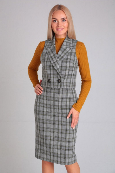 Комплект из жилета, юбки и гольфа из ткани Gamma Gracia 594 серый клетка рыжий - фото 4
