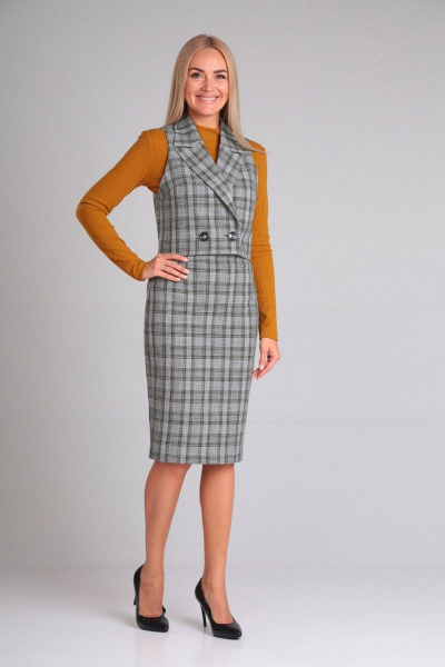 Комплект из жилета, юбки и гольфа из ткани Gamma Gracia 594 серый клетка рыжий - фото 3