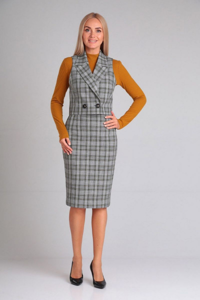 Комплект из жилета, юбки и гольфа из ткани Gamma Gracia 594 серый клетка рыжий - фото 2