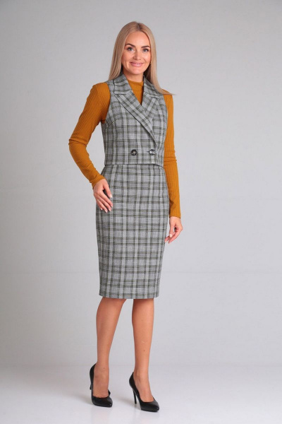 Комплект из жилета, юбки и гольфа из ткани Gamma Gracia 594 серый клетка рыжий - фото 1