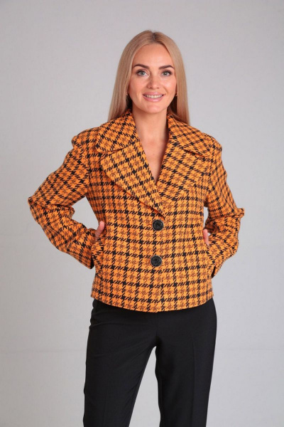 Костюм из шерсти и текстиля с широким жакетом и брюками Gamma Gracia 680 корица клетка черный - фото 5