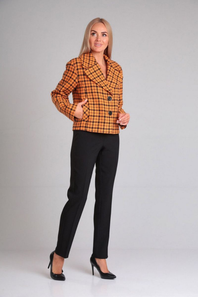 Костюм из шерсти и текстиля с широким жакетом и брюками Gamma Gracia 680 корица клетка черный - фото 4