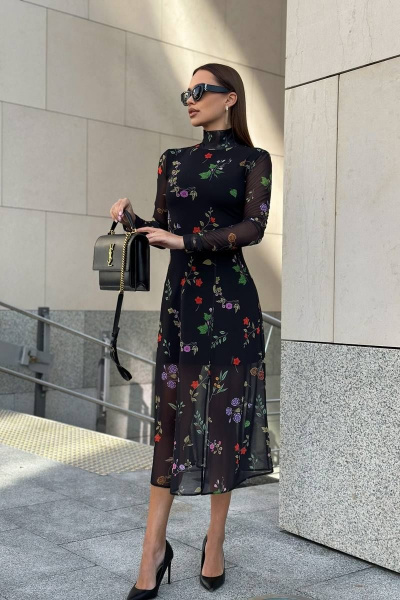 Черное платье-водолазка из сетки с воротником-стойкой Totallook 23-4-41 - фото 3