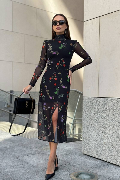 Черное платье-водолазка из сетки с воротником-стойкой Totallook 23-4-41 - фото 1