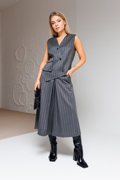 Жилет в стиле Карго и юбка-брюки с наклонной застежкой Ambera Style 2053 серый_полоска - фото 4