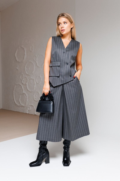 Жилет в стиле Карго и юбка-брюки с наклонной застежкой Ambera Style 2053 серый_полоска - фото 3