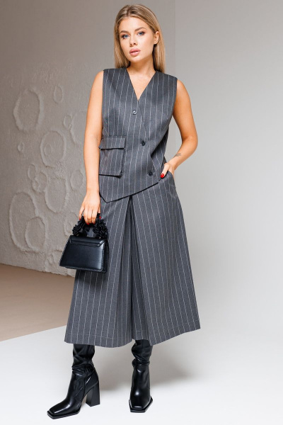 Жилет в стиле Карго и юбка-брюки с наклонной застежкой Ambera Style 2053 серый_полоска - фото 1