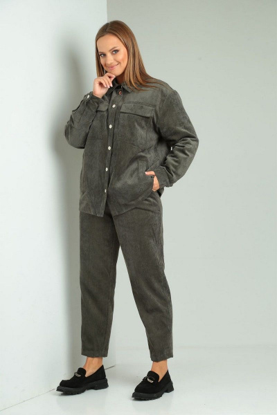 Вельветовый комплект рубашка и брюки на высокой посадке VIA-Mod 614 хаки - фото 3