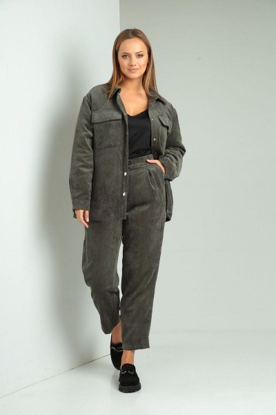Вельветовый комплект рубашка и брюки на высокой посадке VIA-Mod 614 хаки - фото 2