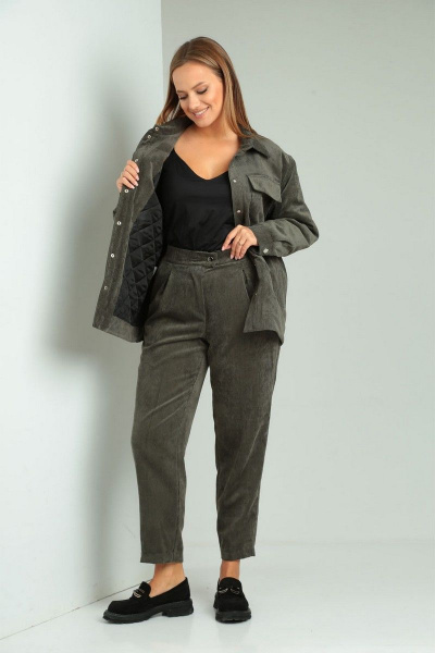 Вельветовый комплект рубашка и брюки на высокой посадке VIA-Mod 614 хаки - фото 1
