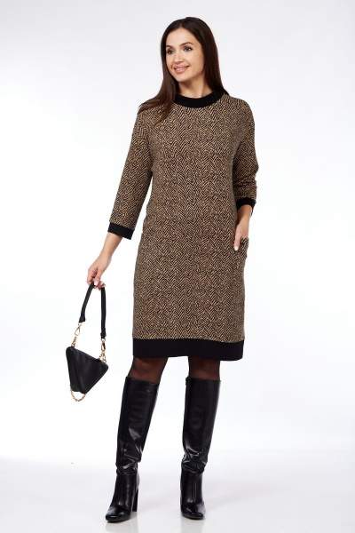 Платье-туника приталенное с карманами из трикотажа Michel chic 2144 бежевый - фото 1