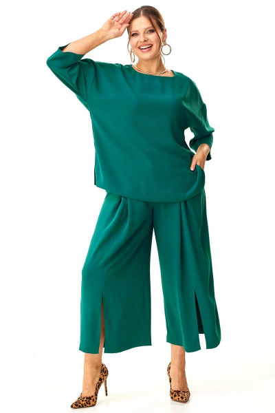 Брюки прямые с вставками и разрезами, свободная туника LaKona 11551 изумруд - фото 2