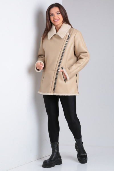 Короткая дубленка из экокожи с меховой изнанкой и карманами Celentano 2047.2 бежевый - фото 3