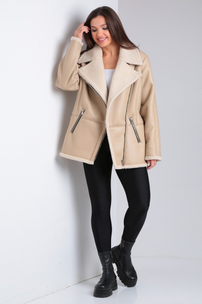 Короткая дубленка из экокожи с меховой изнанкой и карманами Celentano 2047.2 бежевый - фото 6