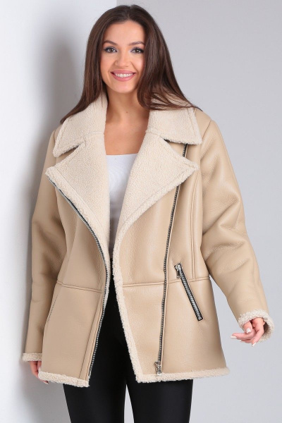 Короткая дубленка из экокожи с меховой изнанкой и карманами Celentano 2047.2 бежевый - фото 1