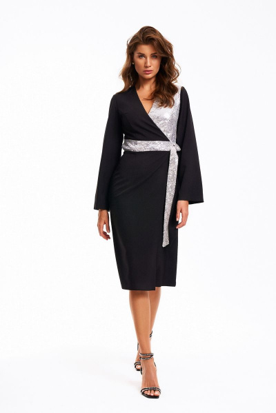 Черное платье на запах с пайетками и отрезным поясом KaVaRi 1062 черный - фото 2