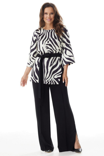 Нарядный комплект из блузы с принтом и прямых брюк Магия моды 2326 черно-белый - фото 4
