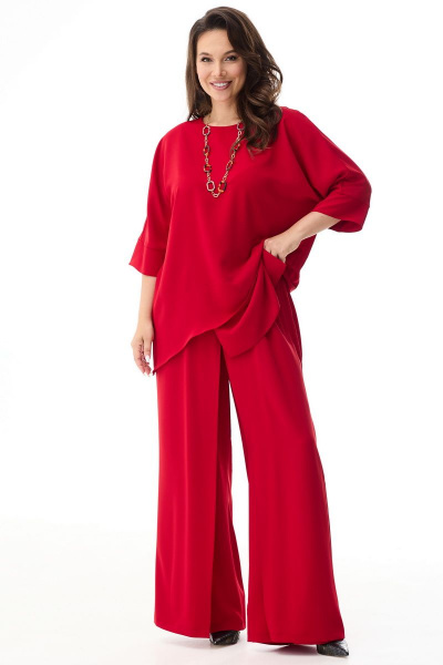 Элегантный комплект блуза из ткани с принтом и брюки с запахом Магия моды 2336 красный - фото 3