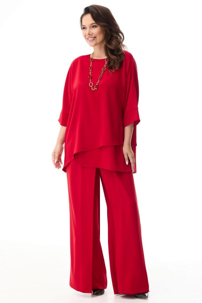 Элегантный комплект блуза из ткани с принтом и брюки с запахом Магия моды 2336 красный - фото 1