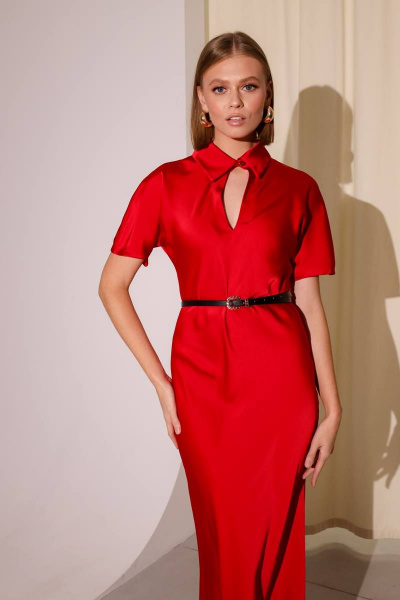 Красное сатиновое платье приталенного силуэта с вырезом капелька PUR PUR 11-195/8 - фото 3