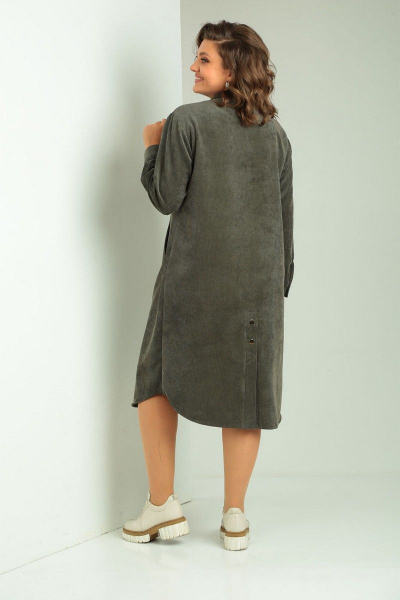 Платье из вельвета свободного кроя с карманами VIA-Mod 615 хаки - фото 4
