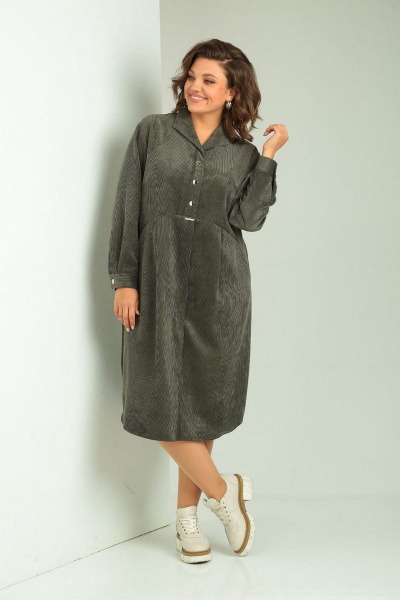 Платье из вельвета свободного кроя с карманами VIA-Mod 615 хаки - фото 2